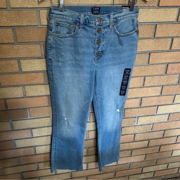 NWT J. Crew High Rise Flare Crop Denim Distressed Jeans Raw Hem Size 27 - Picture 1 of 5